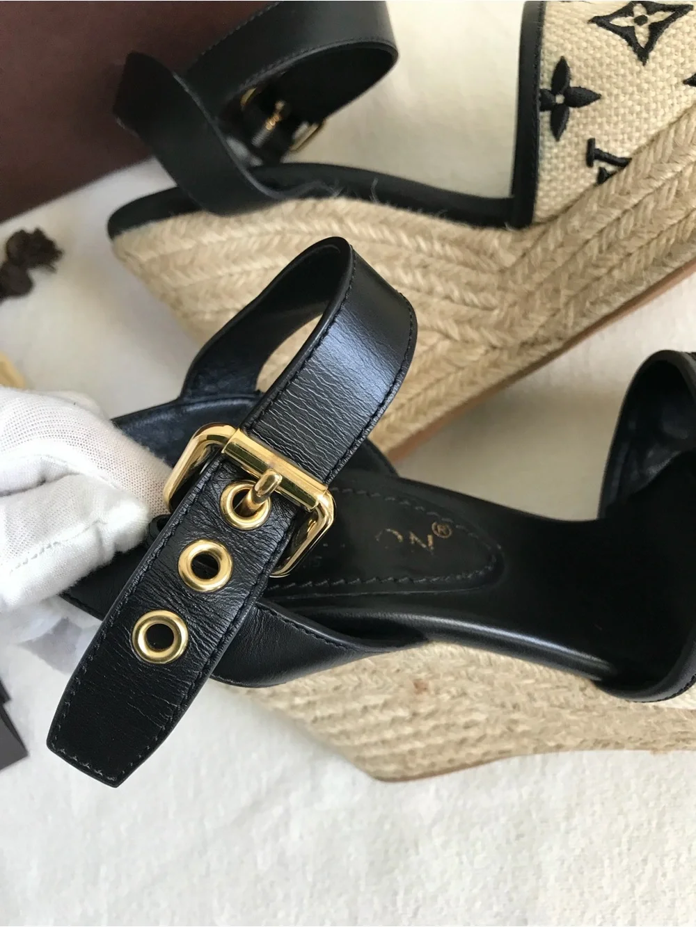 Louis Vuitton Black and Natural Monogram Espadrille Wedges - Picture 9 of 12